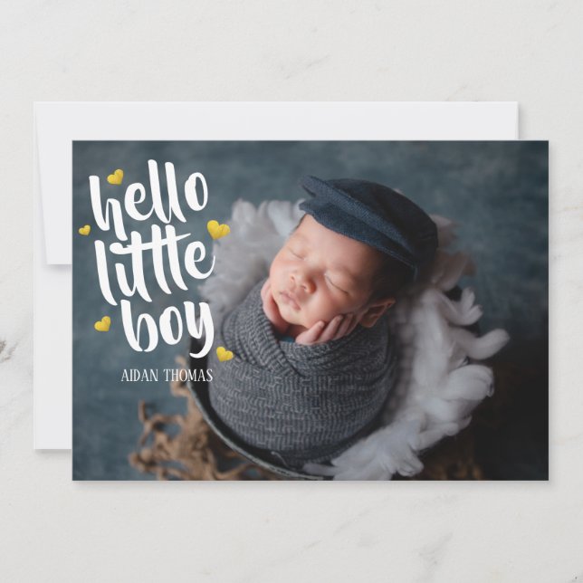 Hello little boy Gold Heart Photo Collage Birth Announcement (Front)
