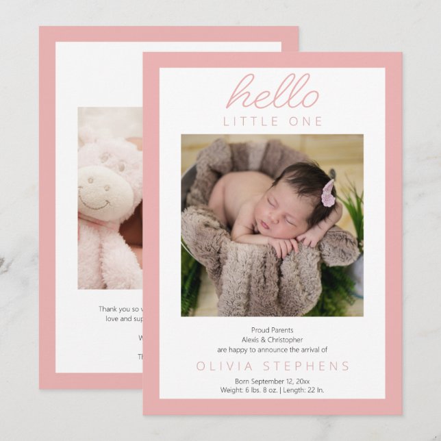Hello Little One - 2 Photo Baby Girl Pink Birth Announcement (Front/Back)