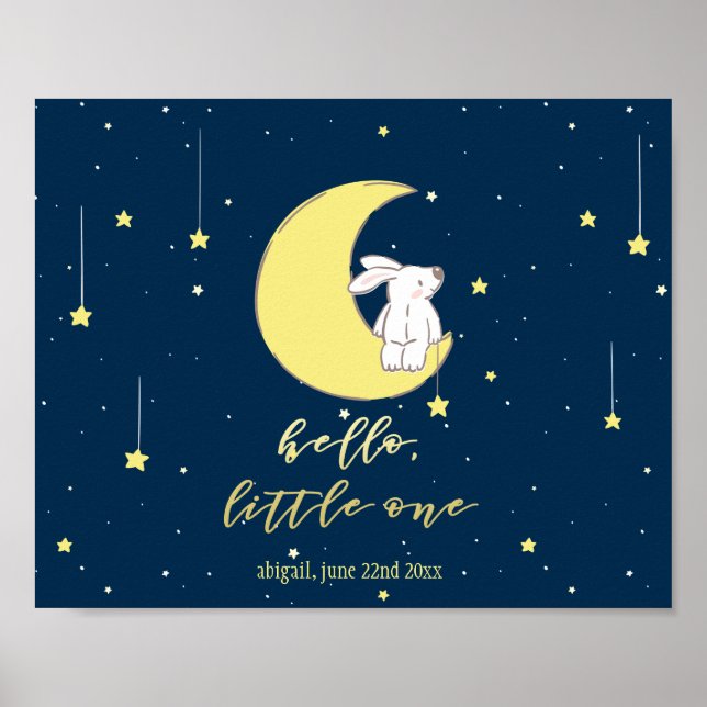 Hello Little One - Cute Bunny on the Moon Nursery Poster (Front)