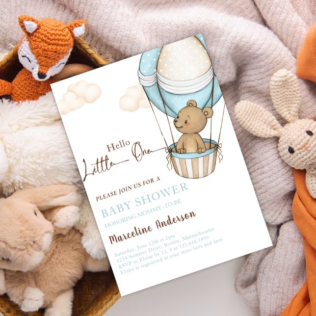 Hello Little One, Teddy Bear Balloon Baby Shower Invitation (Hello little one teddy bear in air balloon card)