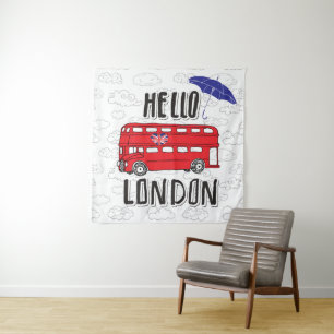 Hello London Hand Lettered Sign With Umbrella Tapestry