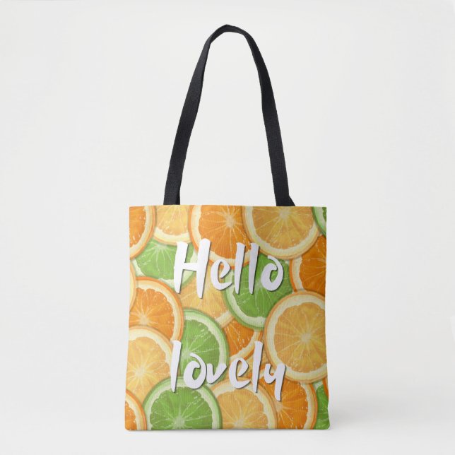 'Hello Lovely' Zesty Citrus Fruit Pattern Shoulder Tote Bag (Front)