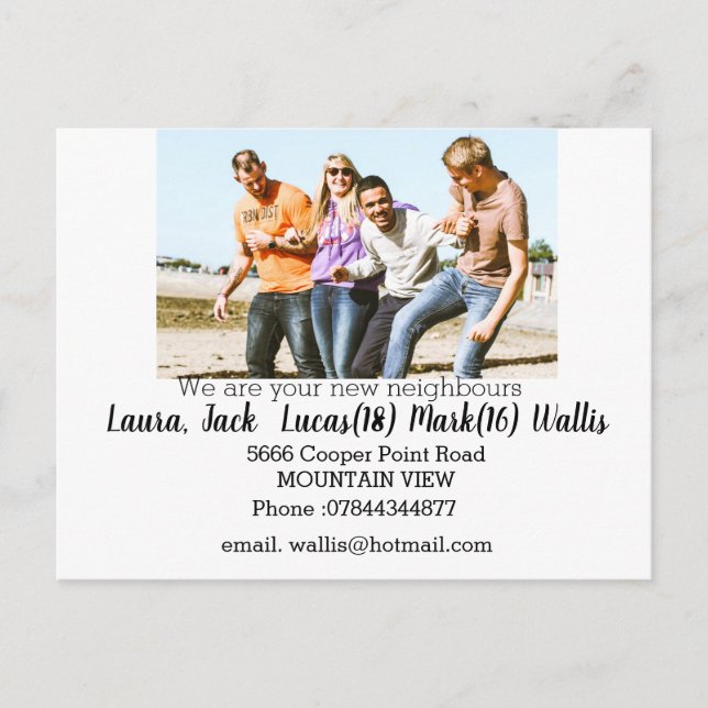 Hello meet the neighbours with family photo postcard (Front)