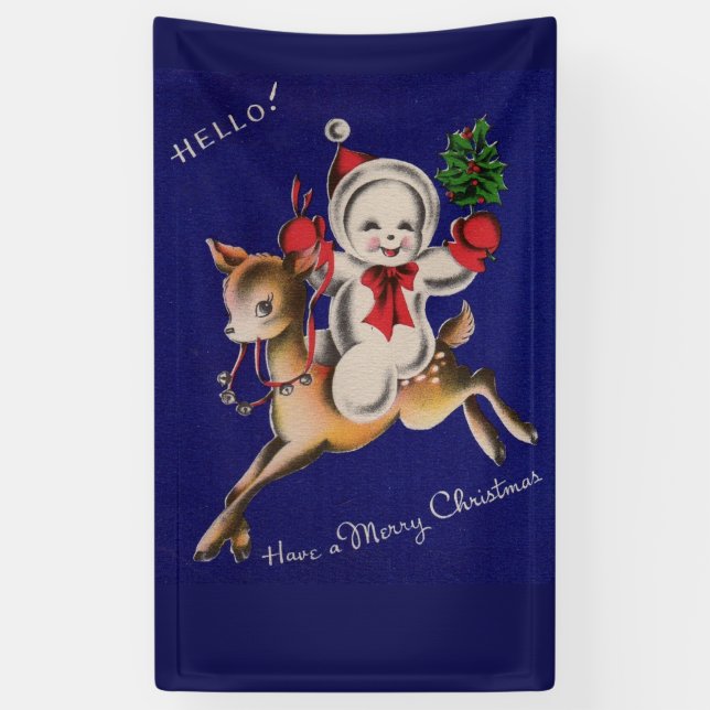 Hello! Merry Christmas snowman on reindeer Banner (Vertical)