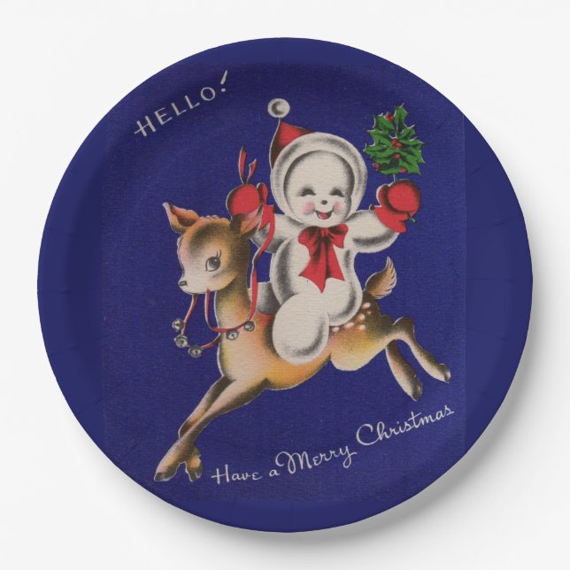 Hello! Merry Christmas snowman on reindeer Paper Plate (Front)