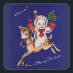 Hello! Merry Christmas snowman on reindeer Square Sticker<br><div class="desc">Here we have a super sweet vintage Christmas image, which also appears on gift bags, wrapping paper, tissue paper, and gift tags, as well as party plates and napkins AND coasters. Note that my shop has many more vintage and antique Christmas images appearing on all of the foregoing! Wanna see...</div>