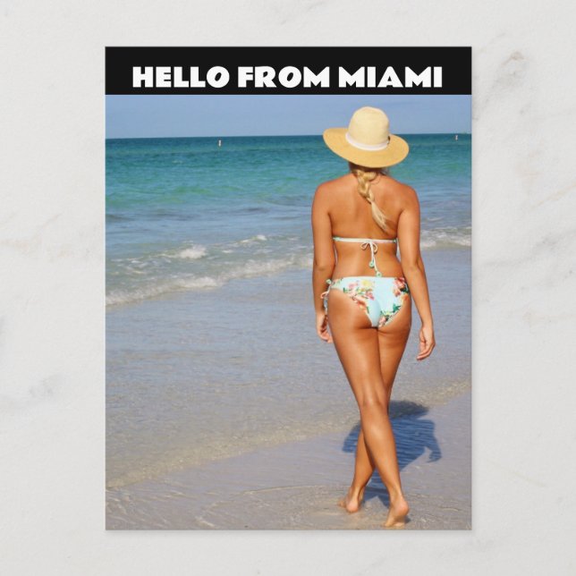 HELLO MIAMI FLORIDA BIKINI BLOND GIRL POSTCARDS (Front)