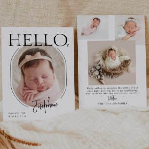 Hello   Modern Minimalist Baby Oval Photo Birth Announcement