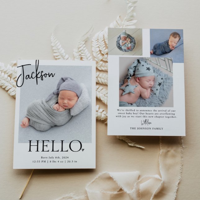 Hello | Modern Minimalist Simple Baby Photo Birth Announcement (Creator Uploaded)