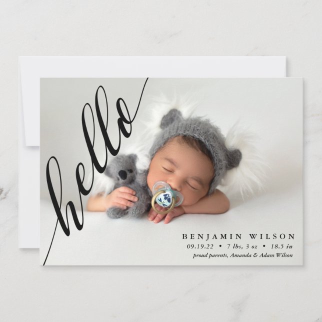 Hello Modern Photo Baby Birth Announcement (Front)