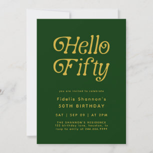 Hello Modern Retro green and gold 50th Birthday Invitation