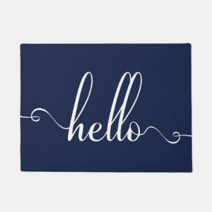 Hello Modern Typography White and Navy Blue Doormat