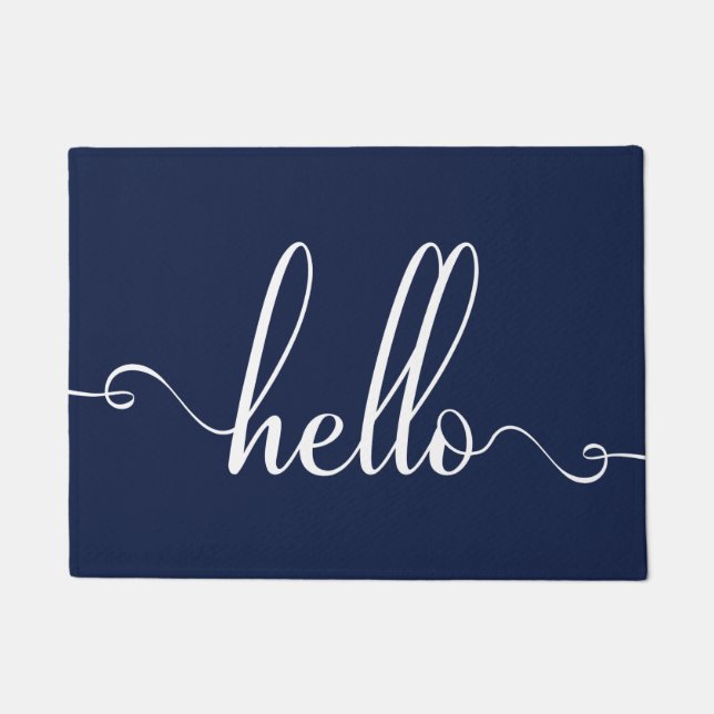 Hello Modern Typography White and Navy Blue Doormat (Front)