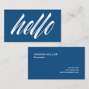 Hello Modern White Script on Blue Business Card