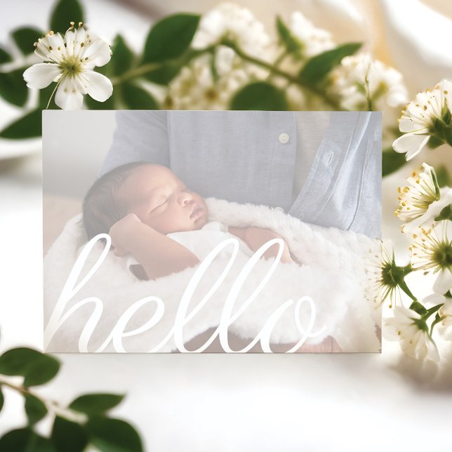 Hello Modern White Script Overlay Baby Photo Announcement (Hello Modern White Script Overlay Baby Photo Announcement)