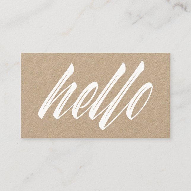 Hello Modern White Script Rustic Kraft Business Card (Front)