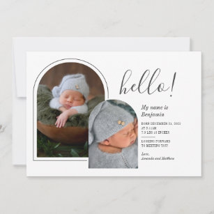 Hello Multi Photos Arch Hand-Lettered Baby Birth Announcement