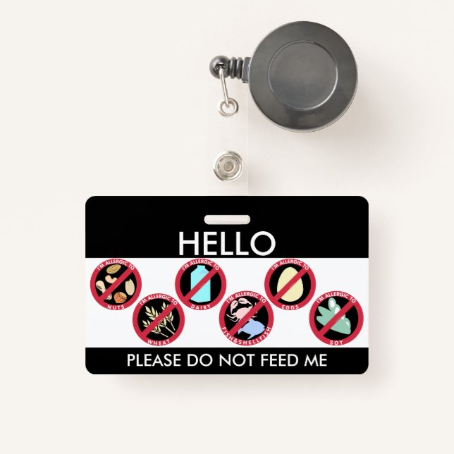Hello My Name is Allergic To Custom Top 8 Allergen ID Badge (Front with Retractable)