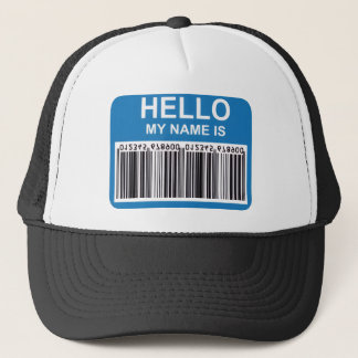 HELLO MY NAME IS (BAR CODE) TRUCKER HAT