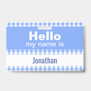 Hello My Name Is - gingham blue and white  ID Badge