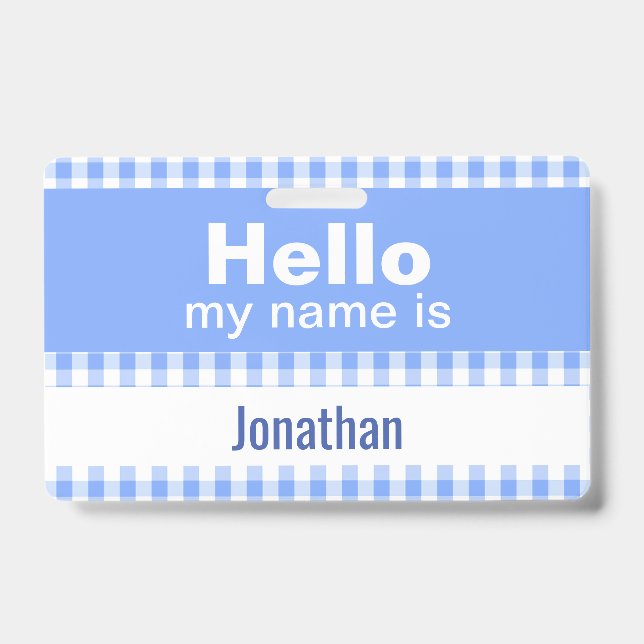 Hello My Name Is - gingham blue and white  ID Badge (Front)
