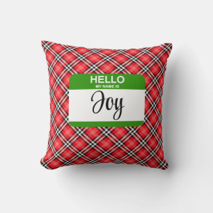 Hello My Name Is JOY Tag Christmas Plaid Holiday Cushion
