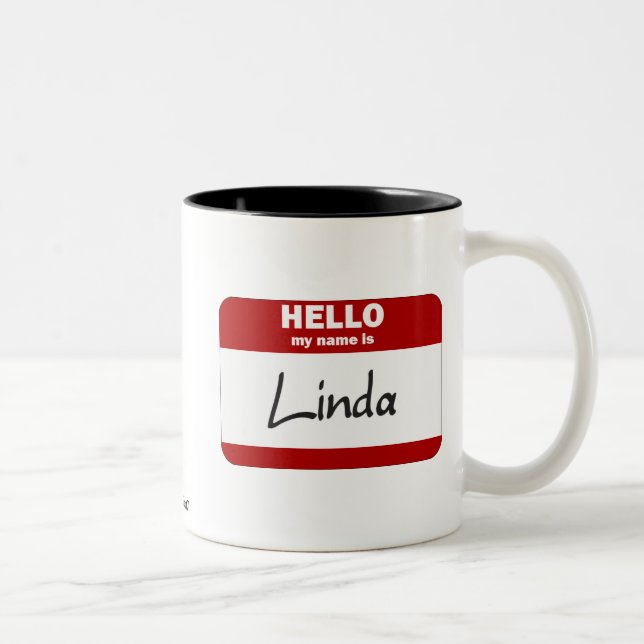 Hello My Name Is Linda (Red) Two-Tone Coffee Mug (Right)