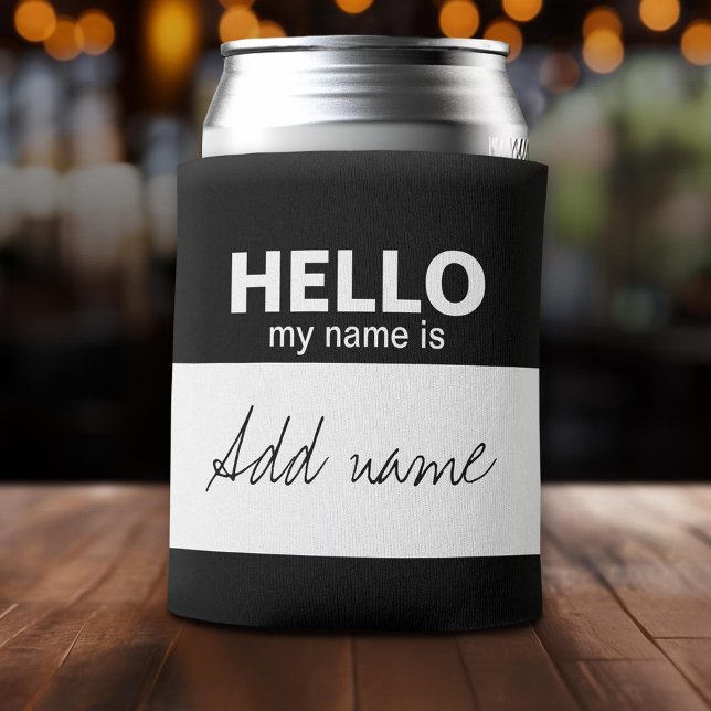 Hello my name is - personalised black white can cooler (Custom Can Cooler with Logo)