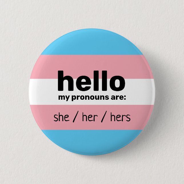 Hello my pronouns are & transgender flag 6 cm round badge (Front)