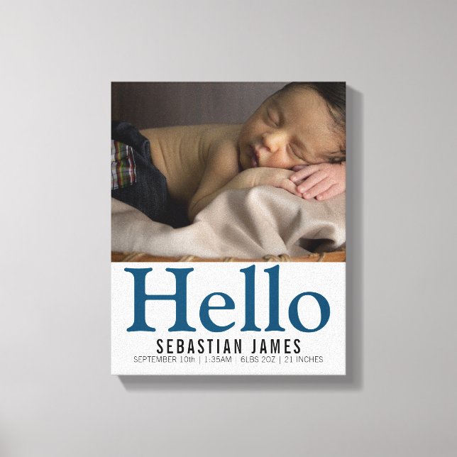 Hello New Baby Boy Personalised keepsake Canvas Print (Front)
