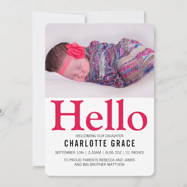 Hello New Baby Bright Pink Personalised Announcement (Front)