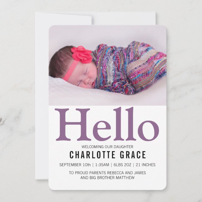 Hello New Baby Purple Personalised Announcement (Front)