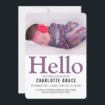Hello New Baby Purple Personalised Announcement<br><div class="desc">Hello New Baby purple Personalised modern announcements from Ricaso - available in a range of styles and colours in store - easy change the text and photo to your own</div>