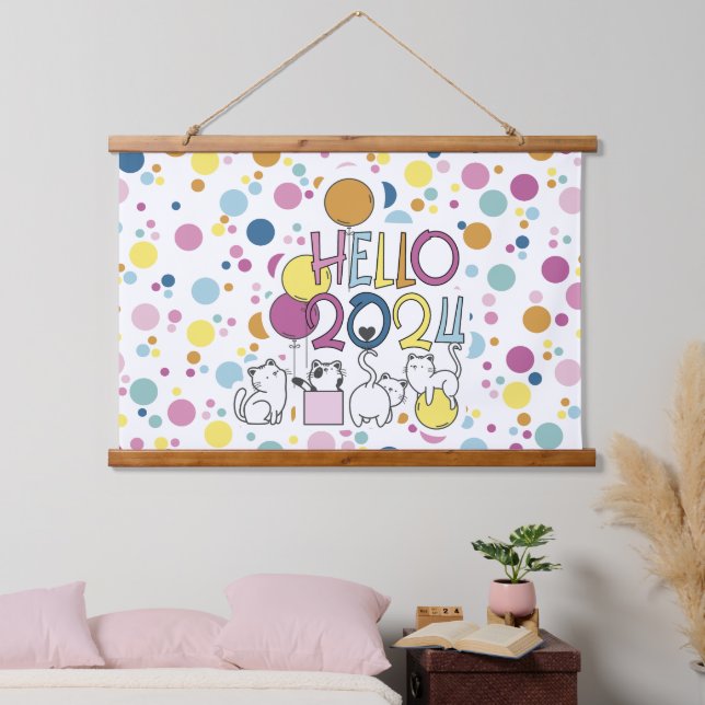 Hello New Year 2024 With Playing Cats Hanging Tapestry (Bedroom)
