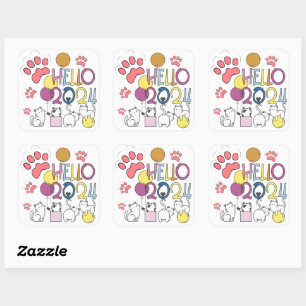 Hello New Year 2024 With Playing Cats Square Sticker