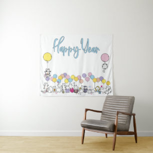 Hello New Year 2024 With Playing Cats Tapestry
