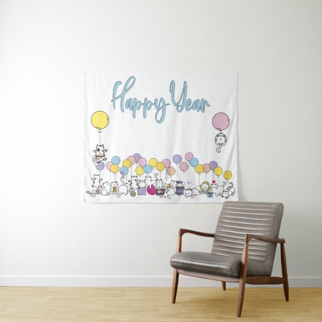 Hello New Year 2024 With Playing Cats Tapestry (In Situ (Horizontal))