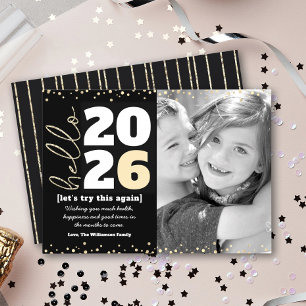 Hello New Year Black Gold Modern Custom Year Photo Holiday Card