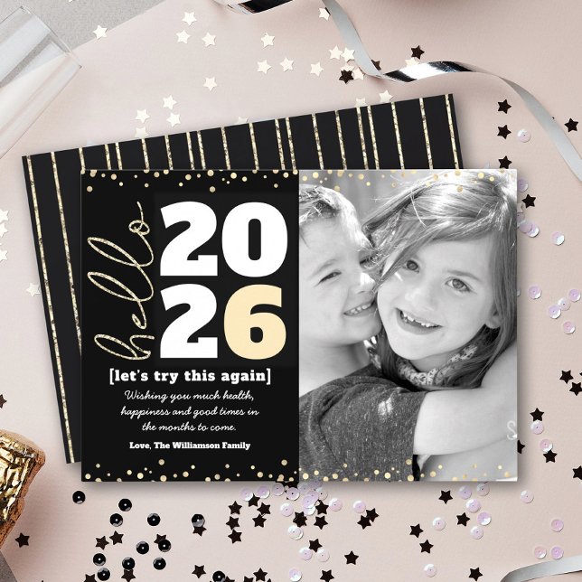 Hello New Year Black Gold Modern Custom Year Photo Holiday Card (Creator Uploaded)