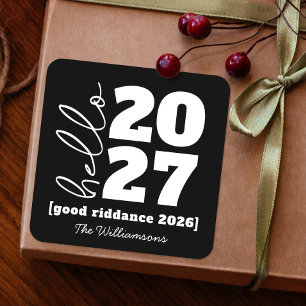 Hello New Year Bold Black White Custom Year Name Square Sticker