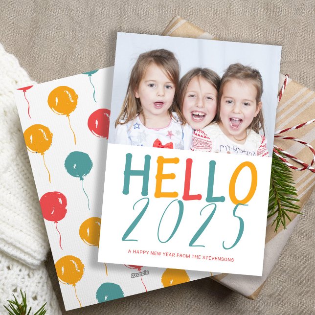 Hello New Year colourful modern typography photo Holiday Card (Creator Uploaded)