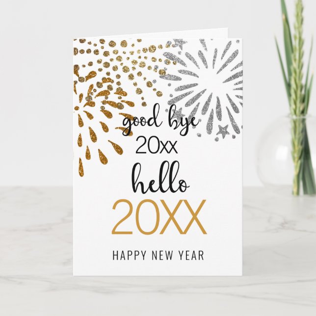 Hello New Year Festive Fireworks Gold Glitter Chic Holiday Card (Front)