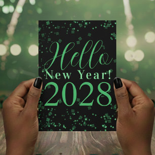 Hello New Year! Happy New Year Green Black Sparkle Holiday Card