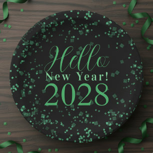 Hello New Year! New Year's Eve Green Black Sparkle Paper Plate