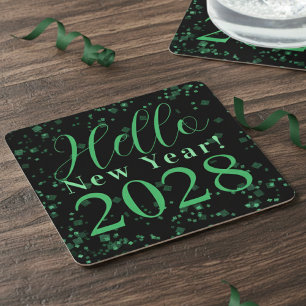 Hello New Year! New Year's Eve Green Black Sparkle Square Paper Coaster
