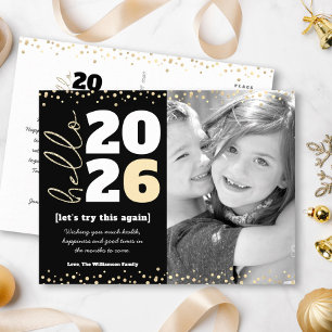 Hello New Year Photo Black Gold Modern Custom Year Holiday Postcard