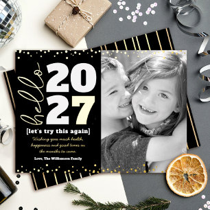 Hello New Year Photo Bold Type Black Real Gold