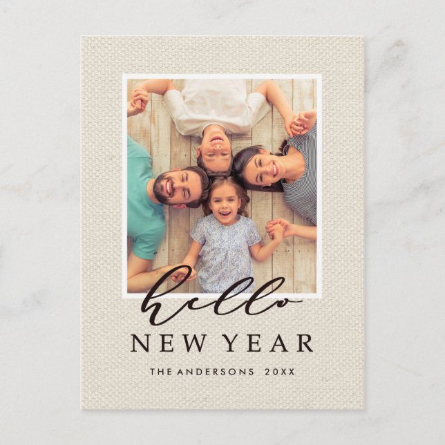 Hello New Year Rustic Faux Burlap Texture Photo Holiday Postcard (Front)