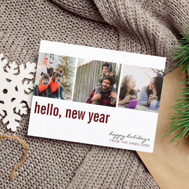 Hello New Year Simple Typography Photo Maroon Postcard (Creator Uploaded)