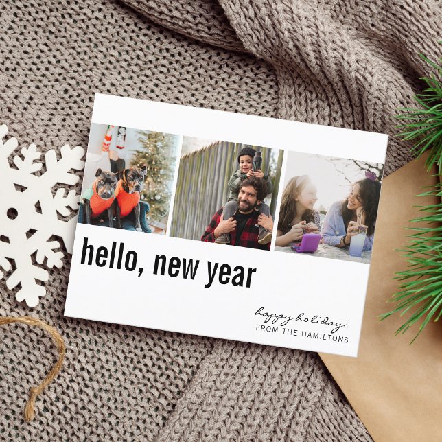 Hello New Year Simple Typography Three Photo Postcard (Creator Uploaded)